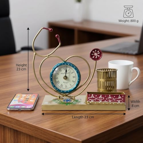 Image of Golden Stethoscope Pen Stand with Clock, Metal Desk Organizer Doctor Gift Item, Corporate Bulk Gifting Medical Clinic Table Showpiece and Office Decor (30x10x16 cm)