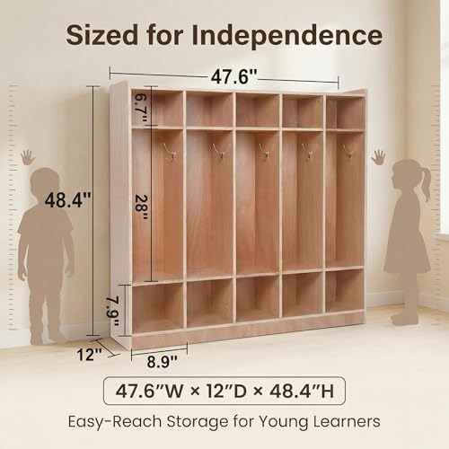 GarveeTech 5-Section Cubby Storage Organizer, Classroom Coat Locker with 4 Casters, 5 Hooks & 2 Storage Boxes, Heavy-Duty Plywood Daycare Furniture for Preschool & Kids Entryway, 48" Tall by GarveeTech - Image 3