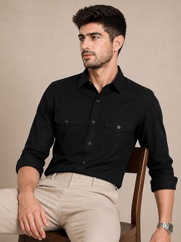 Image of Veirdo Men's Pure Cotton Utility Shirt | Full Sleeve Casual Button-Down with Dual Chest Pockets | Stylish & Comfortable Everyday Wear | Colors: Beige, Black, Maroon, Olive, Rust & White
