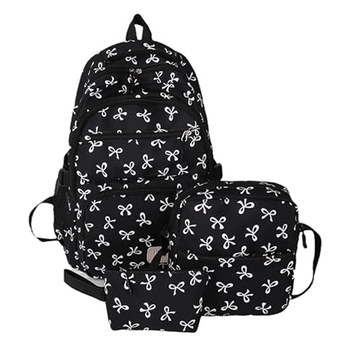 cute Bow Backpack Set for Women Cute Kawaii Aesthetic Preppy Daypack with Lunch Bag & Pencil Pouch backpack with pink bows (Black)