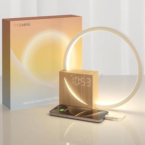 Vivilumens Sunrise Alarm Clock for Heavy Sleepers Adults, Wake-up Light, Sleep Aid 10 White Noise Sound Machines with 30/60/90 Timer, 3 Level Dimmable Touch Table Lamp with Snooze USB Charger Port Cover