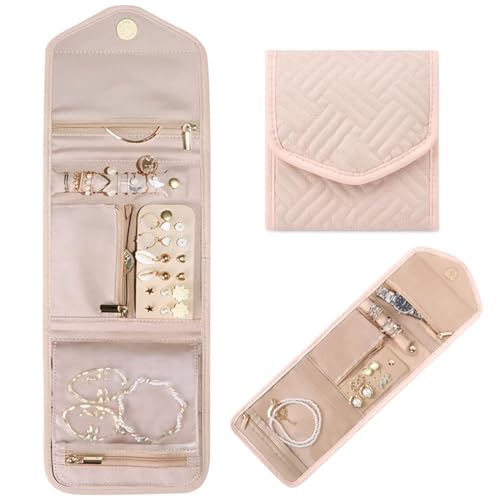 Aucuu Portáti Bolsa de Almacenamiento de Joyas, Organizador de Joyería Plegable, Bolsa de Rollo de Joyería de Viaje Organizador para Collares Pendientes Anillos Pulsera - Rosa