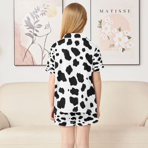 Satin Pajama Sets Short Sleeve Cute Country Cow Animal Button Down Silky Nightwear 2 Piece PJS 5-14Y4