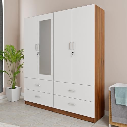 Image of VIKI Wardrobe | Wooden Almirah for 4 Door 4 Drawer with Shelves & Hanging Space Mirror Wardrobe (Walnut | White - 40D x 160W x 180.8H) | 1 Year Warranty | Free Assembly