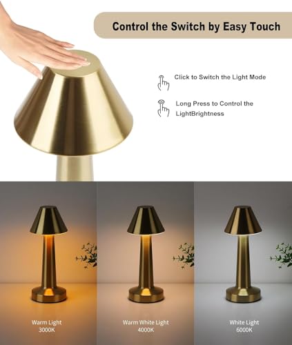 Image of Golden Cap Table Lamp 3 Color Modes Warm Cool Natural Light, Adjustable Brightness, 1200 mAh Rechargeable Battery, Portable LED Night Light for Bedroom, Home Decor Use with Touch Sensor Control