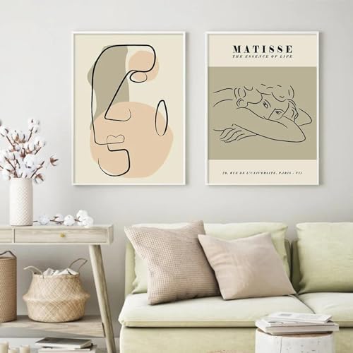 Toile affiche art abstrait vert et beige de haute qualité décoration murale fine ligne