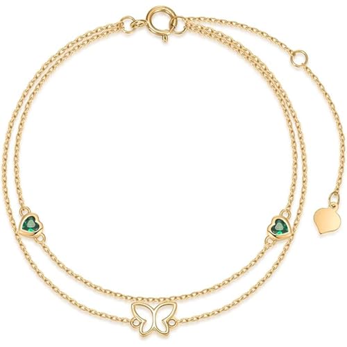 Rikelus Pulsera de mariposa de oro auténtico de 375/9 quilates para mujer, pulsera de oro amarillo con forma de corazón, pulsera de doble cadena, joyas, día de San Valentín, aniversario, cumpleaños Rikelus Pulsera de mariposa de oro auténtico de 375/9 quilates para mujer, pulsera de oro amarillo con forma de corazón, pulsera de doble cadena, joyas, día de San Valentín, aniversario, cumpleaños