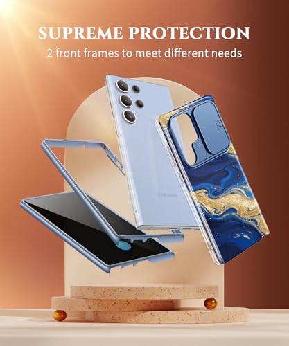 Image of GVIEWIN for Samsung Galaxy S23 Ultra Case, [Slide Camera Cover & Built-in Anti-Spy Privacy Screen Protector] [2 Front Frames] Shockproof Military Grade Marble Phone Case for S23 Ultra 6.8 inch (Cerulean)