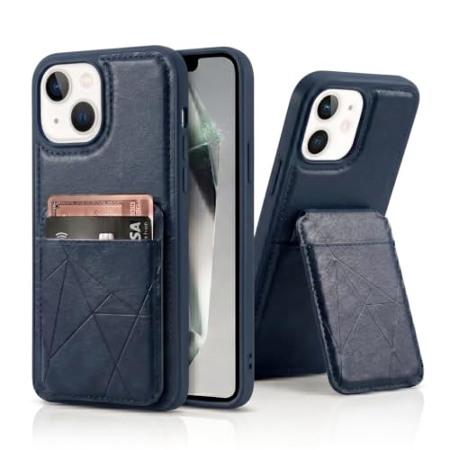 Image of amazon basics Premium Vegan Leather Back Cover with Card Holder and Integrated Mobile Stand for iPhone 13 - Slim Shockproof Wallet Case with Geometric Stitching [Blue]