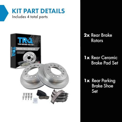 Image of TRQ Rear Brake Pad and Rotor Set Ceramic Parking Brake Shoes Compatible with 2003-2009 Lexus GX470 Toyota 4Runner 2007-2009 FJ Cruiser 2001-2007 Sequoia
