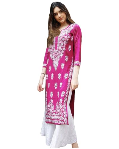 GoSriKi Women's Rayon Blend Straight Chikankari Embroidered Kurta