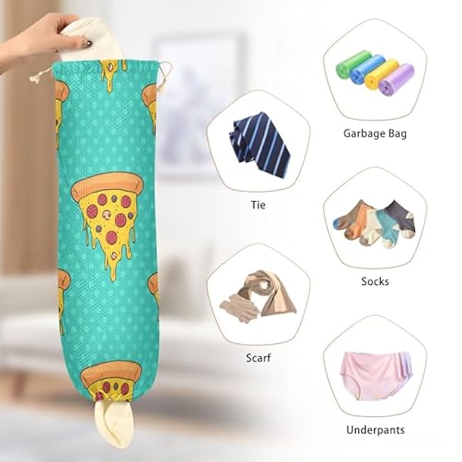 xigua Pizza Slices Plastic Bag Holder Wall Mount with Drawstring 2 Pack, Reusable Grocery Bag Organizer Decor for Bags, Socks, Underwear, And Neckties