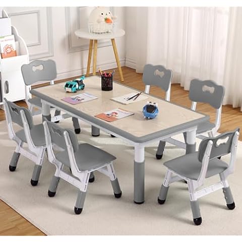 MilleLoom Kids Table and Chair Set, Height Adjustable Toddler Arts & Crafts Table and 6 Chair Set for Ages 2-10,Max 300lbs Kids Activity Art Table for Classroom Daycares,Home Cover