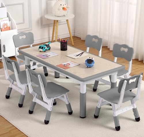 GAOMON Kids Table and 6 Chair Set,Height Adjustable Toddler Arts & Crafts Table and Chair Set for Ages 2-10,Max 300lbs Kids Activity Art Table for Classroom Daycares,Home,Grey