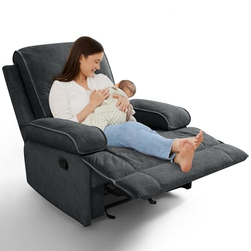 Image of YuuYee Nursery Rocking Chairs,Velvet Rocker Recliner Nursing Chair,Oversized Nursery Recliner Glider Chair with Extra Wide Footrest for Breastfeeding,Dark Grey