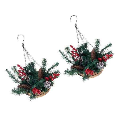 Fioriera da appendere a LED con pigne e pini, funzionamento a batteria, decorazione natalizia per esterni, portico, porta d'ingresso, design invernale, pigne e bacche rosse, composizioni per esterni