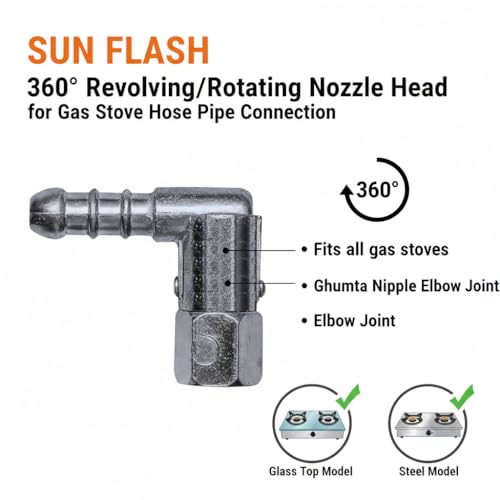 Image of Sun flash 360 Revolving /Rotating Nozzle Head for Gas Stove Hose Pipe Connection | Fits All Gas Stoves | Ghumta Nipple Elbow Joint, Combo Pack of 1 Nozzle (4pc, Aluminum). (Pack OF 2)
