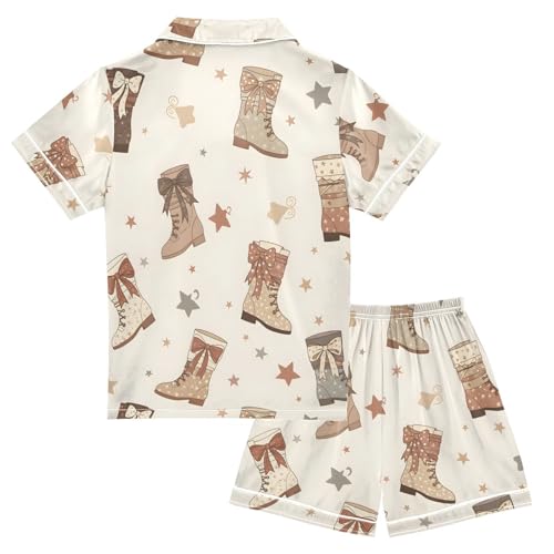 Satin Pajama Sets Short Sleeve Boot Pattern with Stars Button Down Silky Nightwear 2 Piece PJS 5-14Y2