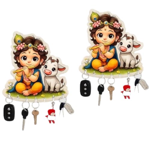 Image of JIVAY Baby Krishna Decorative Wall Mounted Key Holder for Home Wooden Key Hanger with 7 Hooks Designer Key Stand for Living Room, Entrance & Office (Baby Krishna Key Holder) Pack 2