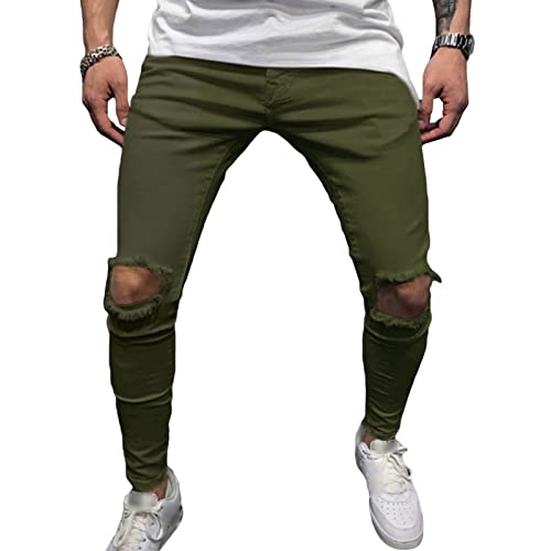 Maiyifu-GJ Men's Knee Holes Stretch Jeans Ripped Skinny Denim Pencil Pants Slim Fit Distressed Tapered Leg Jean Trousers (Green,Medium)