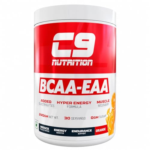 Image of C9 NUTRITION BCAA + EAA Powder- Sugar Free Workout Muscle Recovery & Endurance Drink with 5000mg BCAA, 9000mg EAA, 500 mg L-Arginine | Amino Acid Supplements (30 Servings, Orange Flavour)