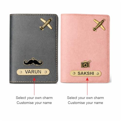 Image of Customized Couple Passport Cover Gift Set 2 Pcs | Personalized Leather Passport Covers with Name & Charm| Anniversary, Valentine, Birthday and Travel Gift (Grey)