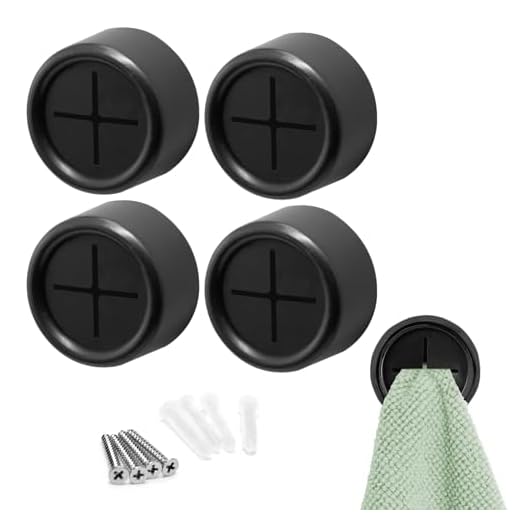 S&T INC. Round Adhesive Push Towel Hooks for Kitchen, Hand and Dish Towels, Matte Black, 4 Pack