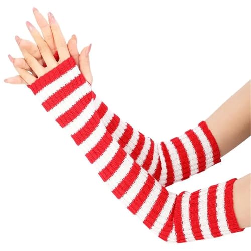Alianm Long Fingerless Gloves 4Pairs Y2K Fashion Women Girls Striped Elbow Gloves Solid Goth Punk Knitted Arm Warmers(Red)
