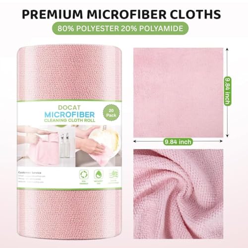 Image of DOCAT Microfiber Cleaning Cloth Roll 25x25 cm, Reusable and Washable Tear-Away Kitchen Towel Roll, Very Soft Cleaning Cloths for Home, Kitchen, Office, Electronics, Car Cleaning (Pink, 20 Pack)