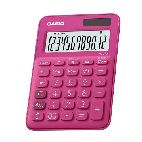 Casio MS-20UC Desk Calculator Big Button Pink Plastic LCD Display Profit Margin Tax & Time Calculation Large Buttons Solar Battery Powered Ideal for Office, School & Business