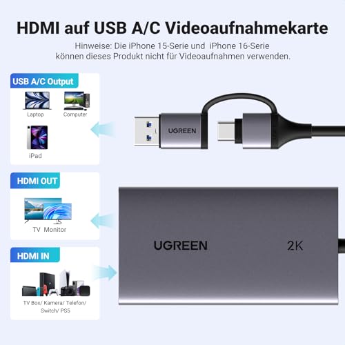 UGREEN Video Capture Card, HDMI auf USB 3.1 Gen 1 Video Capture Card mit 2K 30Hz Aufnahme und 4K 30Hz Loop-Out, für DSLR,Switch,PS5, Windows8.1/10/11, MacOS, Linux, Live-Streaming und Aufzeichnung