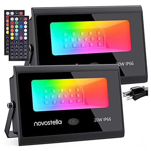 Novostella 2 Pack 20W RGB LED Flood Light, 44 Keys Controller, 20 Colors 6 Modes, Dimmable Color Changing Floodlight, IP66 Waterproof, Wall Washer Lights, Outdoor Garden Stage Landscape Lighting