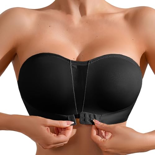 Reggiseno da donna push-up senza spalline per reggiseno imbottito a 2 coppe multiway profondo V Brasier taglio basso, Nero , XL
