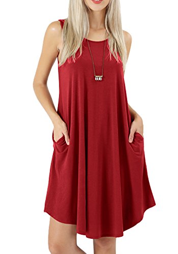 peassa Womens Sleeveless Casual Pockets Loose Beach Shift Tunic Dress Wine M