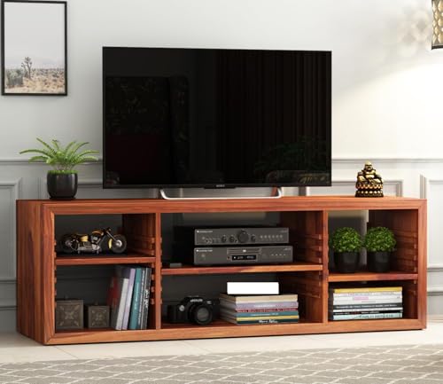 Image of Solid Sheesham Wood TV Unit with 6 Adjustable Shelves Storage - Elegant Wooden TV Unit for Living Room | Fits up to 60-inch TV - Solid Living Room Furniture (John, Honey Finish)