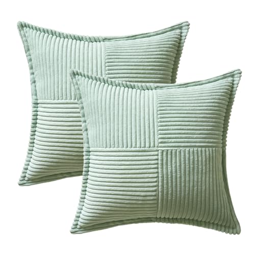 Image of MIULEE Decorative Throw Pillow Covers for Couch Bed Livingroom 18x18 Inch Set of 2 Mint Green Boho Accent Throw Pllows Broadside Striped Patchwork Soft Corduroy Summer Pillowcases