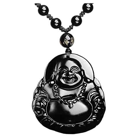 ASGIFT Laughing Buddha Necklace Black Obsidian Lucky Budda Protection Pendant with Extended Beads Chain Healing Crystal and Stone Buddah Necklaces Jewelry Gift for Men Women Cover