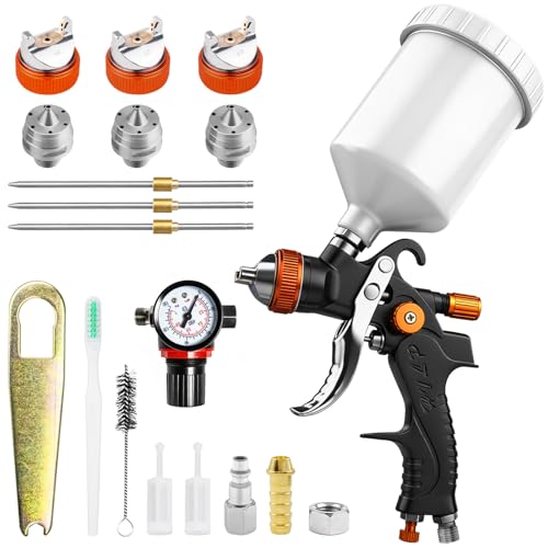 Professional HVLP Air Spray Gun Kit Gravity Feed Paint Sprayer Guns with 1.4 1.7 2.0mm Nozzles 20oz 600cc with Gauge for Auto Paint Primer Clear/Top Coat & Touch-Up (Not Suitable for Latex Paint)
