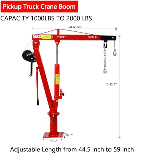 2000 LBS Hydraulic Pickup Truck Crane, Davit Crane with Hand Winch, 44.5” to 59” Working Boom Range, Lifting Range 5”-82.5”, Truck-Mounted Bed Crane for Lifting Goods in Construction, Red