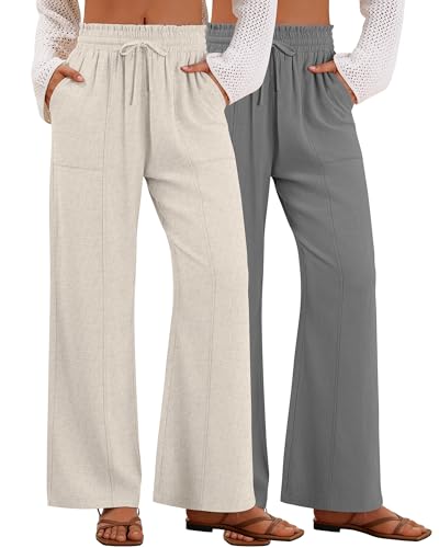 2 Pack Women's Linen Pants Summer Wide Leg Drawstring Elastic Waist Pant Casual Loose Fit Beach Trousers with Pockets(Flaxen, Gray,Small)