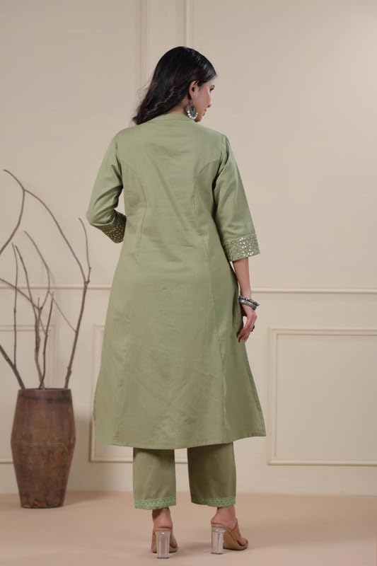 Image of Solid A-Line Mirror Work Cotton Kurta Pant Set for Women