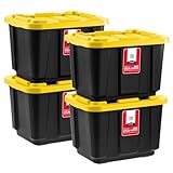 IRIS USA 12ガロン 高耐久 トラック 荷台 ツールボックス ストレージ トート ビン 蓋付き 4個パック - 米国製 タフスナップオン蓋 積み重ね可能 工業用頑丈な浴槽 ガレージ整理 再利用可能なボックス - ブラック/イエロー