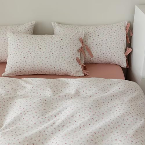 Image of MKXI Cute Bow Tie & Pink Flower Stripes Duvet Cover Twin Size Cotton Bedding Set - Cottagecore Small Floral Print Comforter Cover with 2 Pillowcases for Girls,Women, Sweet Home Gift