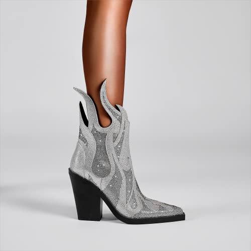 Feinlina Women's Rhinestone Flame Decor Square Toe Block Chunky Medium Heeled Fashion Boots Classic Ankle Booties,Sliver #TOP4