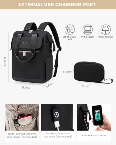 Image of LOVEVOOK Laptop Backpack for Women, 15.6 Inch Work Laptop Bag with USB Port, Fashion Teacher Nurse Backpack Purse, Waterproof Travel Computer Backpack with Organizer Bag, 2PCS, Black
