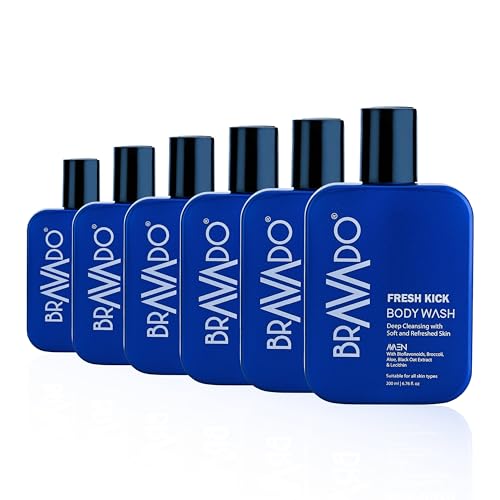 Image of BRAVADO Fresh Kick Body Wash (Pack of 6) Value Bundle | Deep Cleansing Shower Gel for Men | Hydrating Body Wash Removes Sweat Dirt & Pollution | 200ml Each