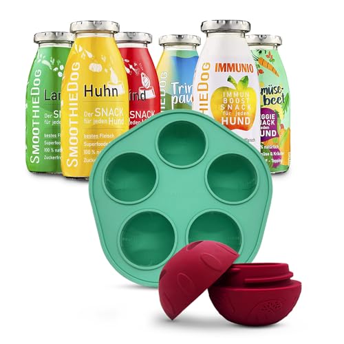 SmoothieDog Schleckball + SmoothieDog Hundesmoothie 6er Mix (250ml) - Schleckball für Hunde, Snackball, zur Beschäftigung, bpa frei, robust, befüllbar, zum einfrieren, spülmaschinenfest