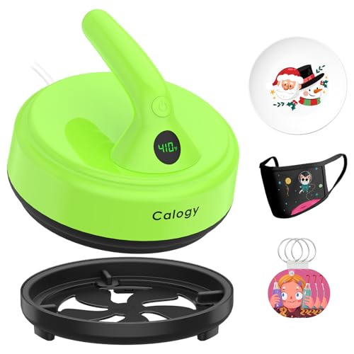 Calogy Mini Prensa de Caliente, Máquina de Transferencia, Trazador, Temperatura máxima de 210 ℃, Diámetro de 16,7 cm, Pequeña Prensa de Planchar para Camisetas, Ropa para Mascotas, Vajilla (Verde)