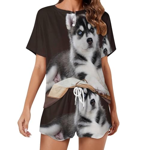 Pyjama femme manches courtes vêtement de nuit été ensemble short imprimé husky