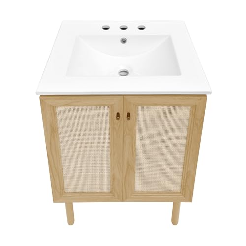 Image of Swiss Madison Classe 24 inch Freestanding Bathroom Vanity in Natural Oak with 3-Hole Centerset Sink Top